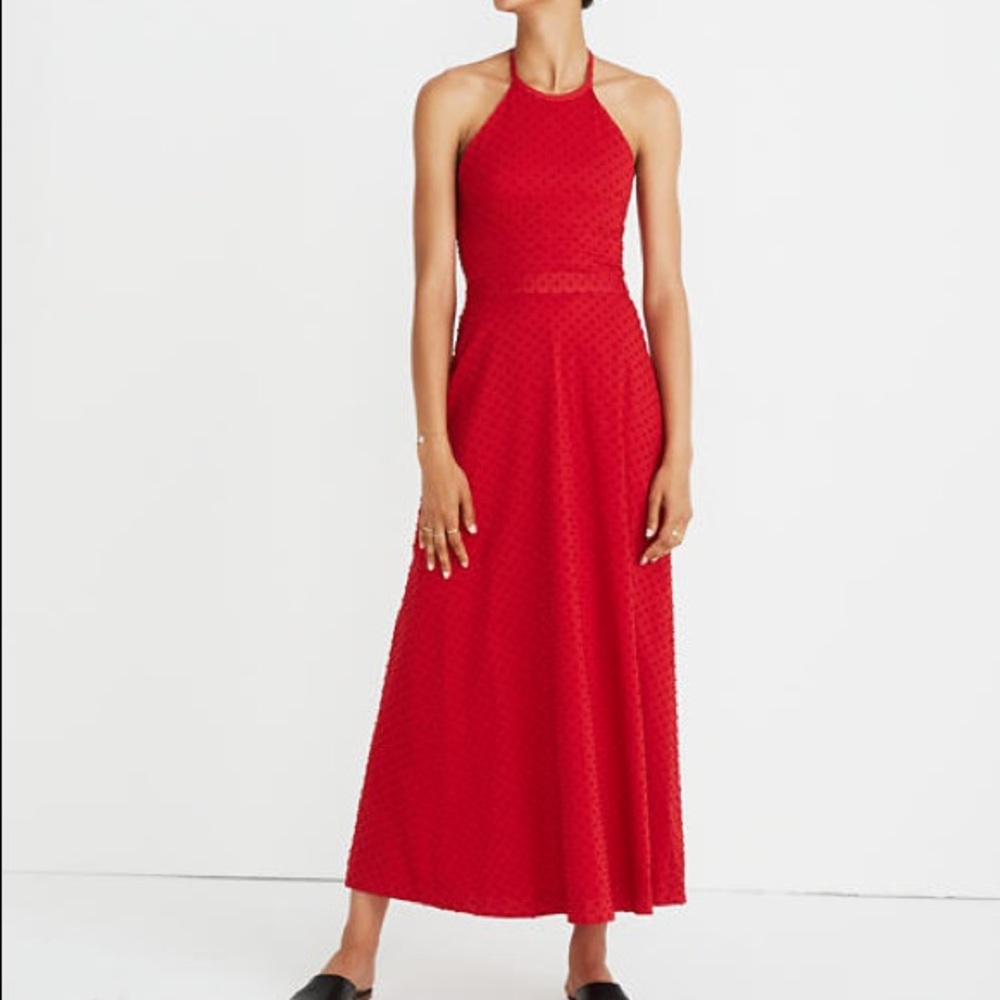 Red halter, backless midi Madewell dress